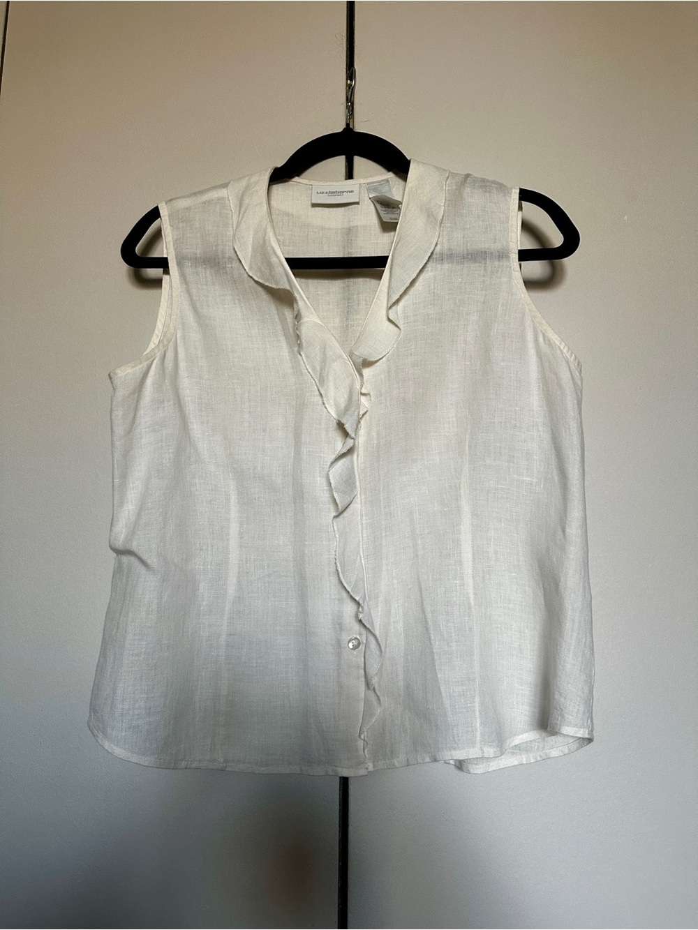 LIZ CLAIBORNE Linen White Sleeveless Ruffle Button Front Top Blouse Beach Boho M